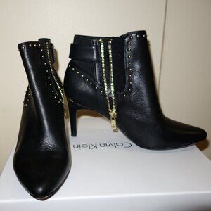 Calvin Klein Jozie Studded Black Leather Pointed Toe Ankle Booties